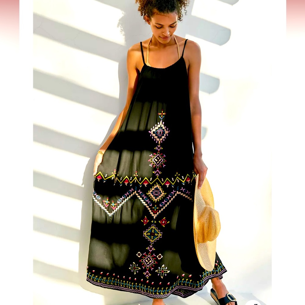 Anthropologie Black Maxi Dress with Colorful Geometric Embroidery